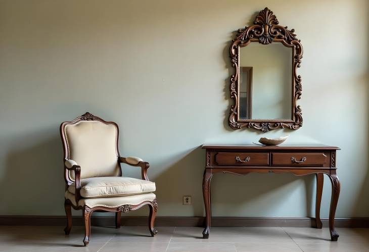 Antique Chair, Mirror, and Table Set Against a Rustic Vintage Wall